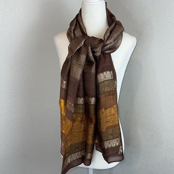 NWT Silk Scarf Bollywood Themed Landscape Metallic Thread - Picture 8 of 8